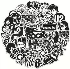 Listing image for 50 Rock Black White Stickers Heavy Metal Punk Band Music Guitar Car Decal UK NEW