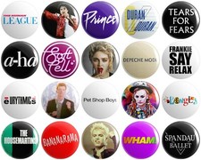 Listing image for 20 x 80s Pop Artists / Group BUTTON PIN BADGES 25mm 1 INCH Various Music