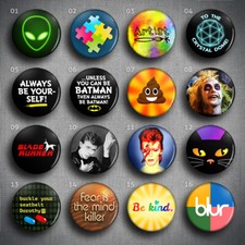Listing image for PICK YOUR PIN BADGES 1 inch / 25mm - Buttons Unique Designs SciFi Music Retro