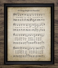Listing image for All Things Bright And Beautiful Hymn Music Sheet Print, Gospel Church Wall Art